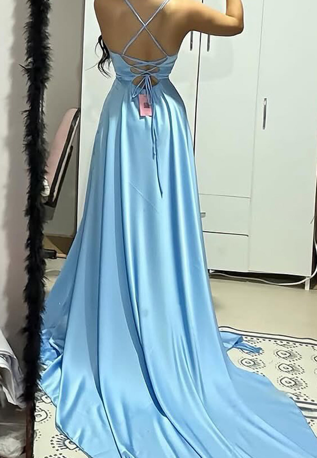 Scoop Spaghetti Straps Sleek Side Slit A-Line Prom Dress