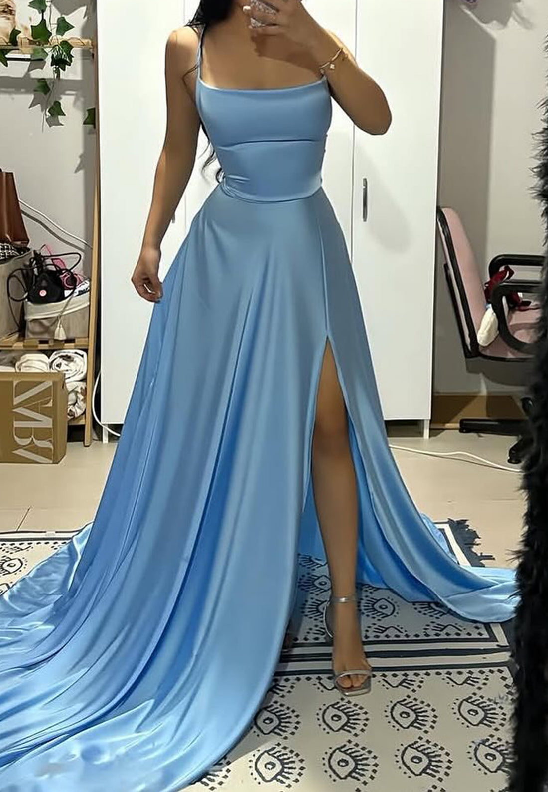 Scoop Spaghetti Straps Sleek Side Slit A-Line Prom Dress