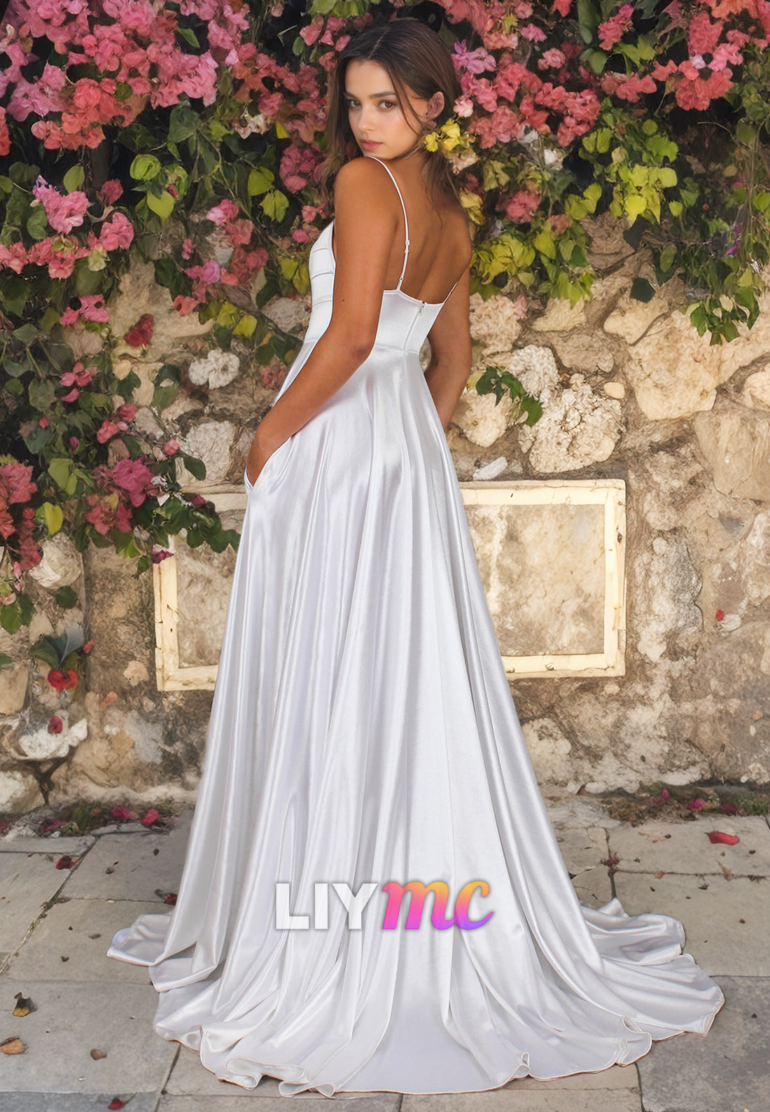 LW074 - Simple Spaghetti Straps Pleated Satin A Line Long Wedding Dress With Slit