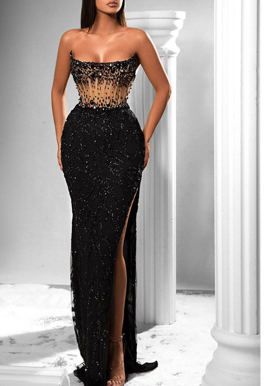 LP2021 - Scoop Strapless Beaded Sleeveless High Slit Mermaid Prom Dress