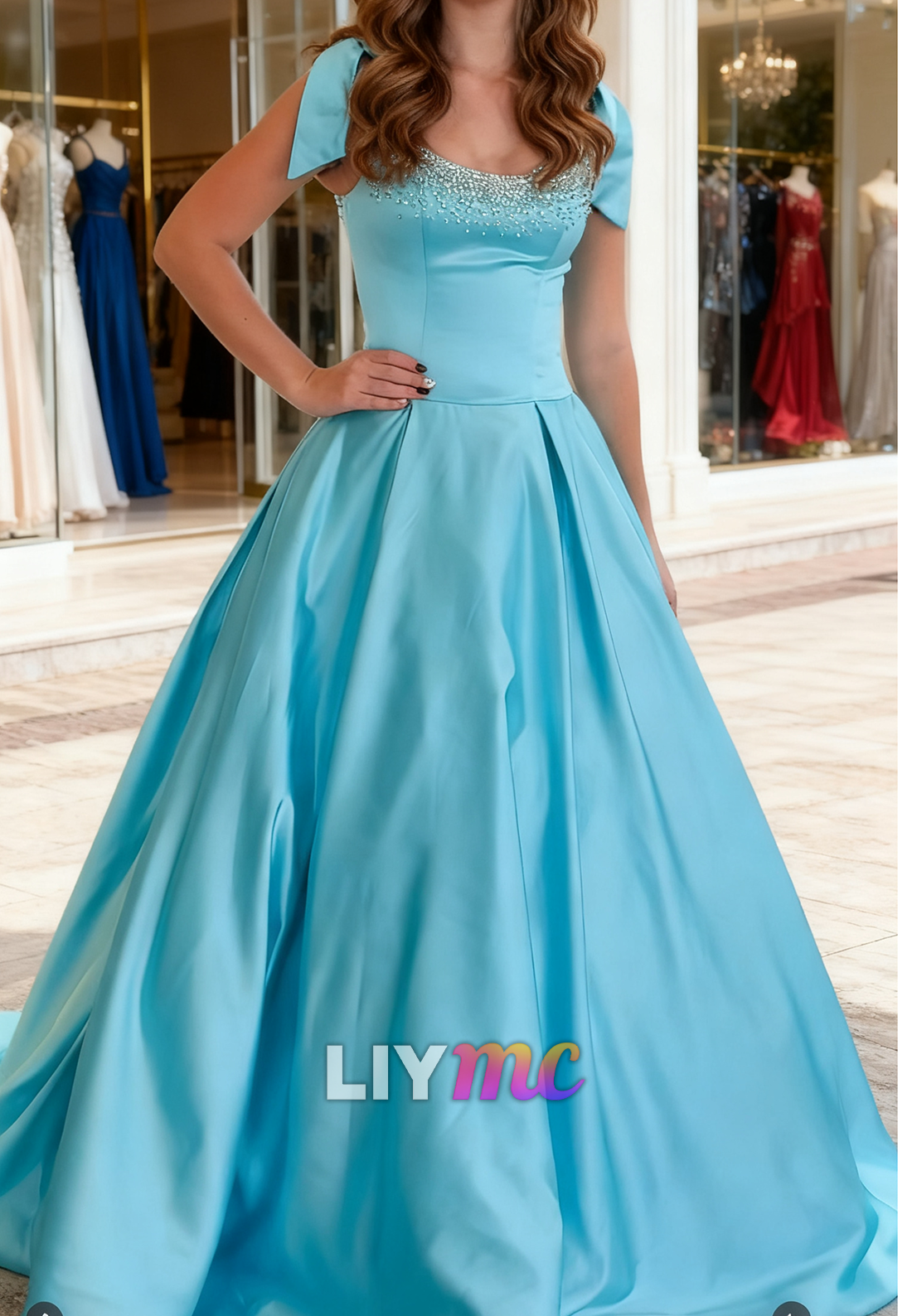Scoop Straps Beaded A-Line Blue Prom Dress