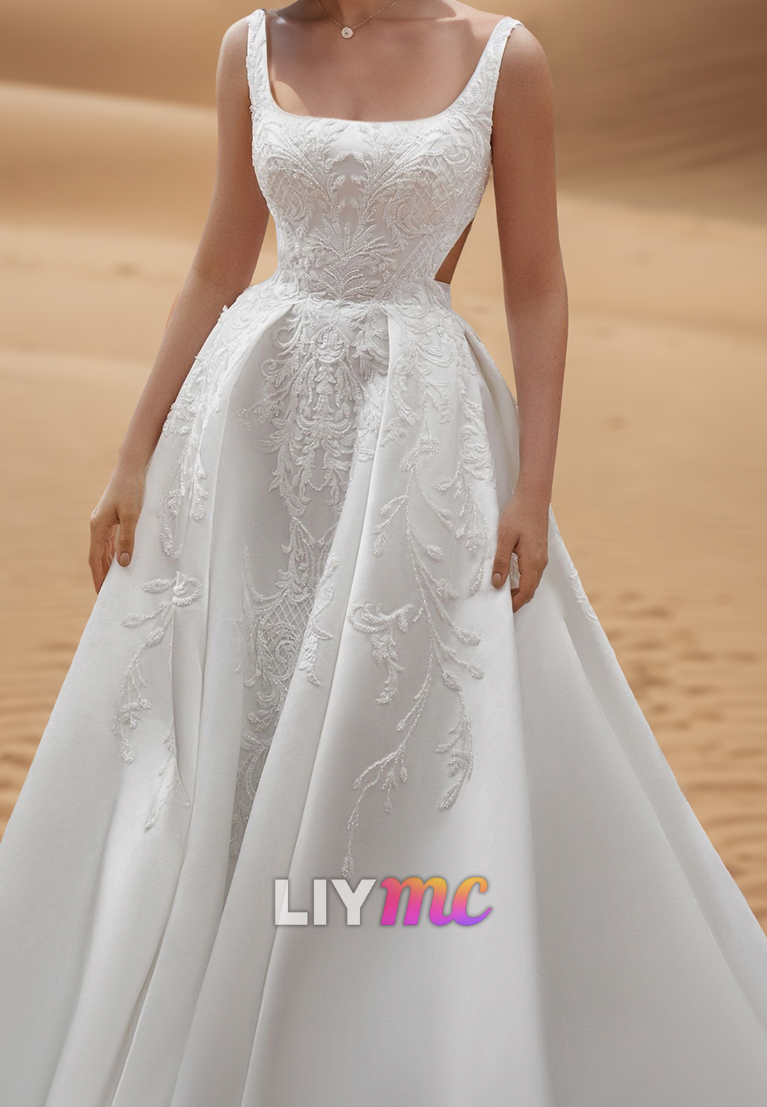 Scoop Straps Lace Appliques Pleated Satin A-Line Wedding Dress