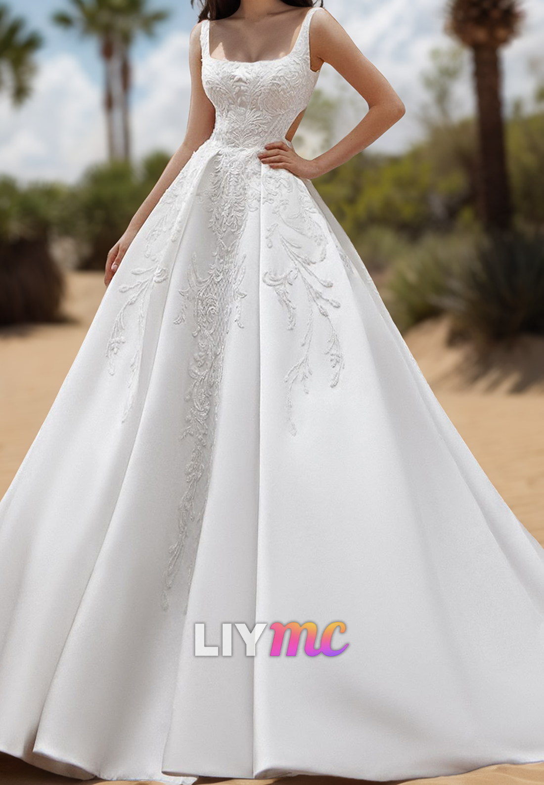 Scoop Straps Lace Appliques Pleated Satin A-Line Wedding Dress