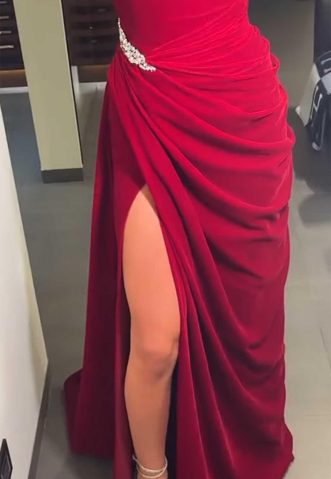 Scoop Straps PPleated Beaded Side Slit Sheath Prom Dress