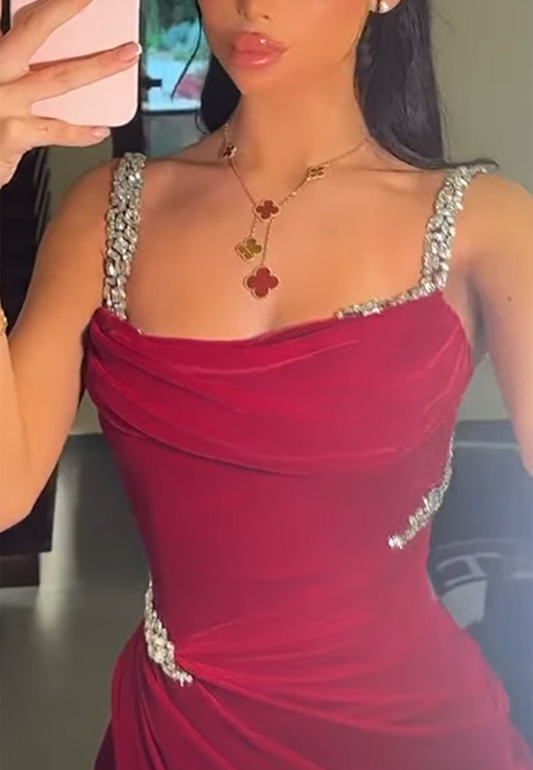 Scoop Straps PPleated Beaded Side Slit Sheath Prom Dress