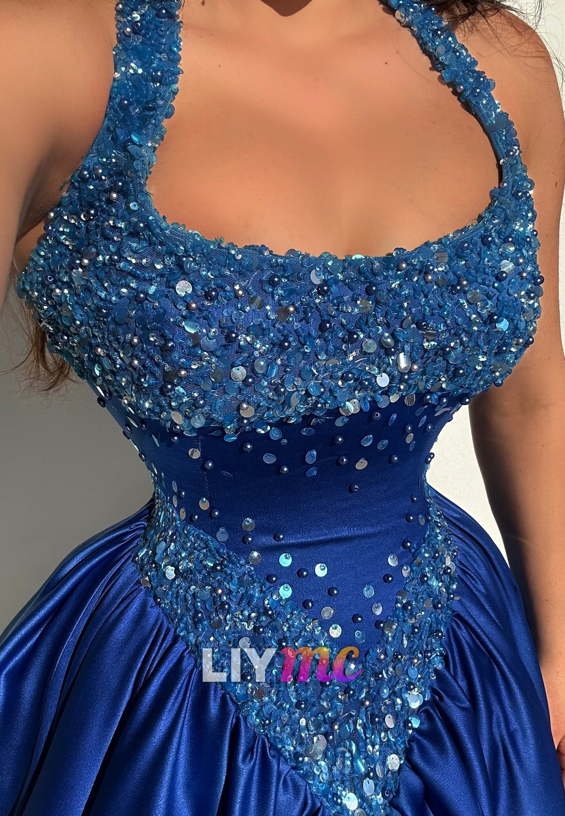 Scoop Straps Sequins Pearl Corset A-Line Prom Dress