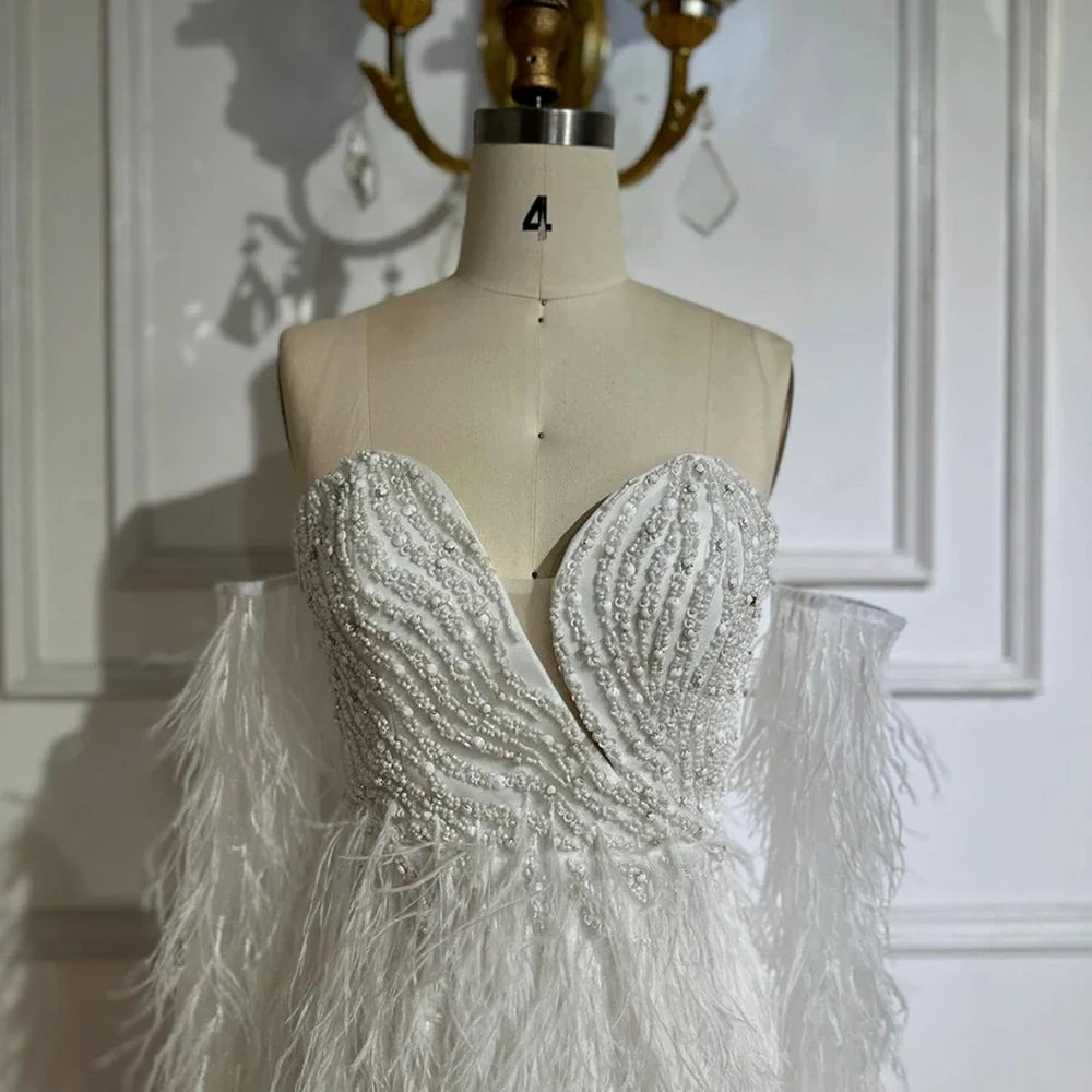 Luxury White Short Beaded Mermaid Feather Cocktail Dress