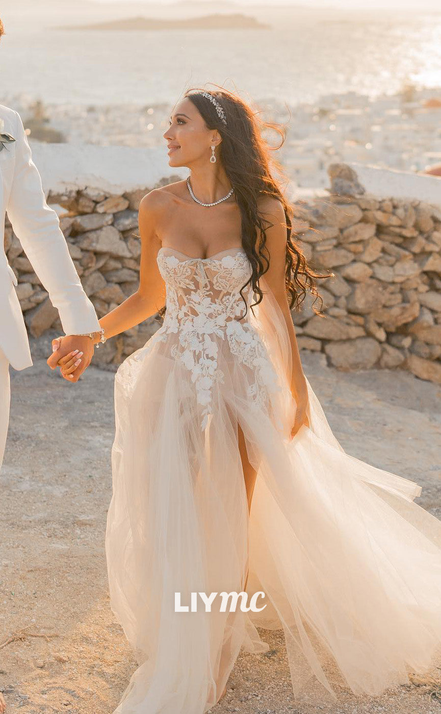 LW647 - Semi-Sweetheart Sleeveless Lace Appliques Tulle High Slit Beach Wedding Dress