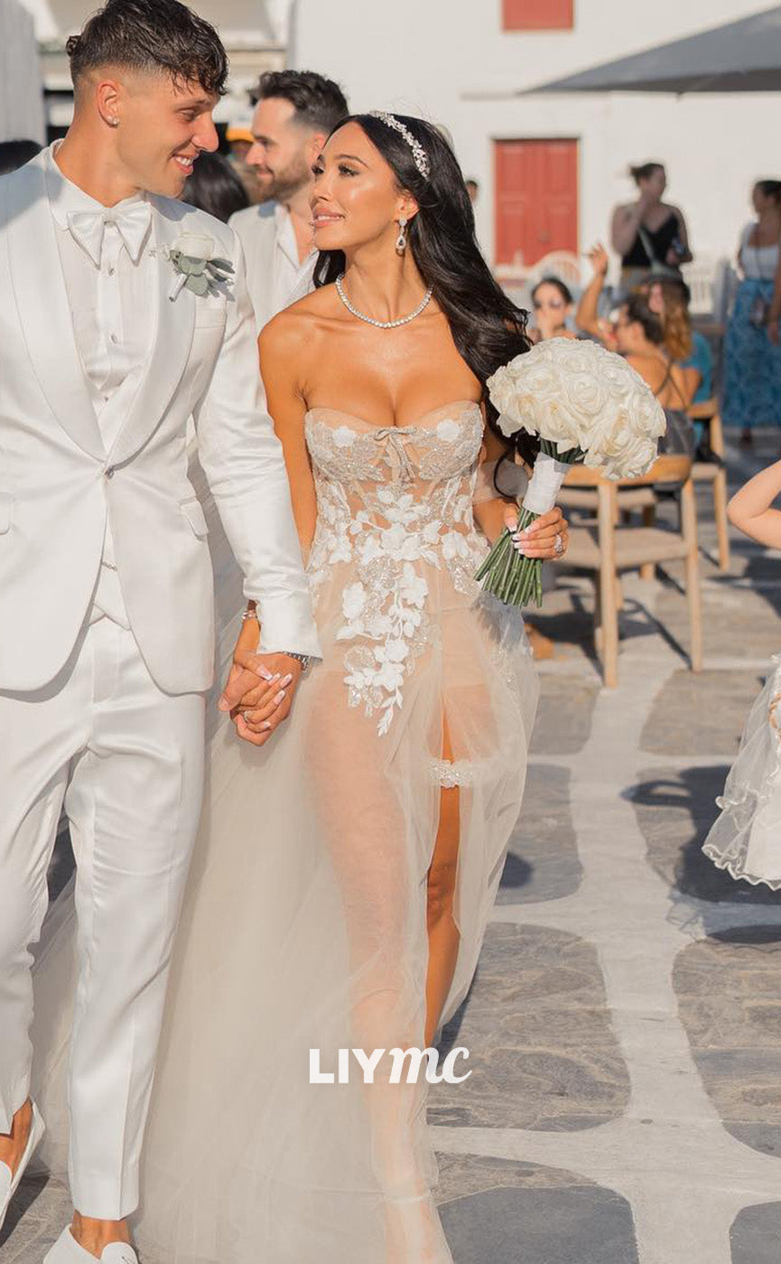 LW647 - Semi-Sweetheart Sleeveless Lace Appliques Tulle High Slit Beach Wedding Dress