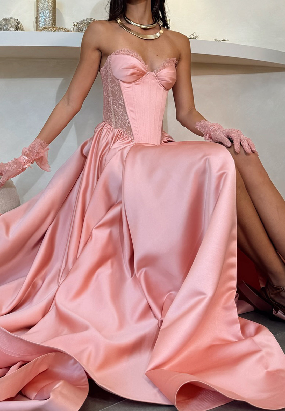 Semi-Sweetheart Strapless Appliques Pleated Prom Dress A-Line Evening Dress