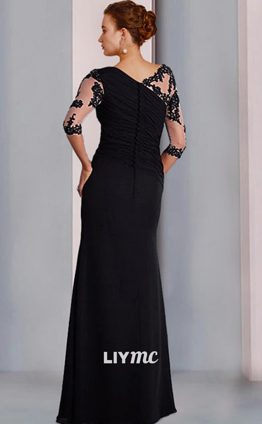 M1024 - Column Mother of the Bride Dress Formal Wedding Guest Elegant Jewel Neck Floor Length Chiffon Lace 34 Length Sleeve with Beading Appliques
