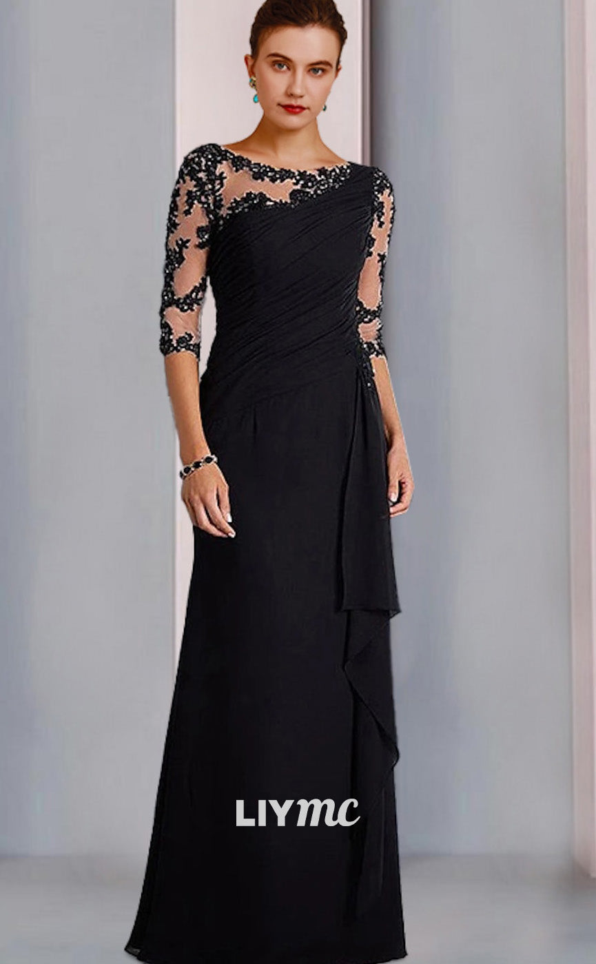 M1024 - Column Mother of the Bride Dress Formal Wedding Guest Elegant Jewel Neck Floor Length Chiffon Lace 34 Length Sleeve with Beading Appliques