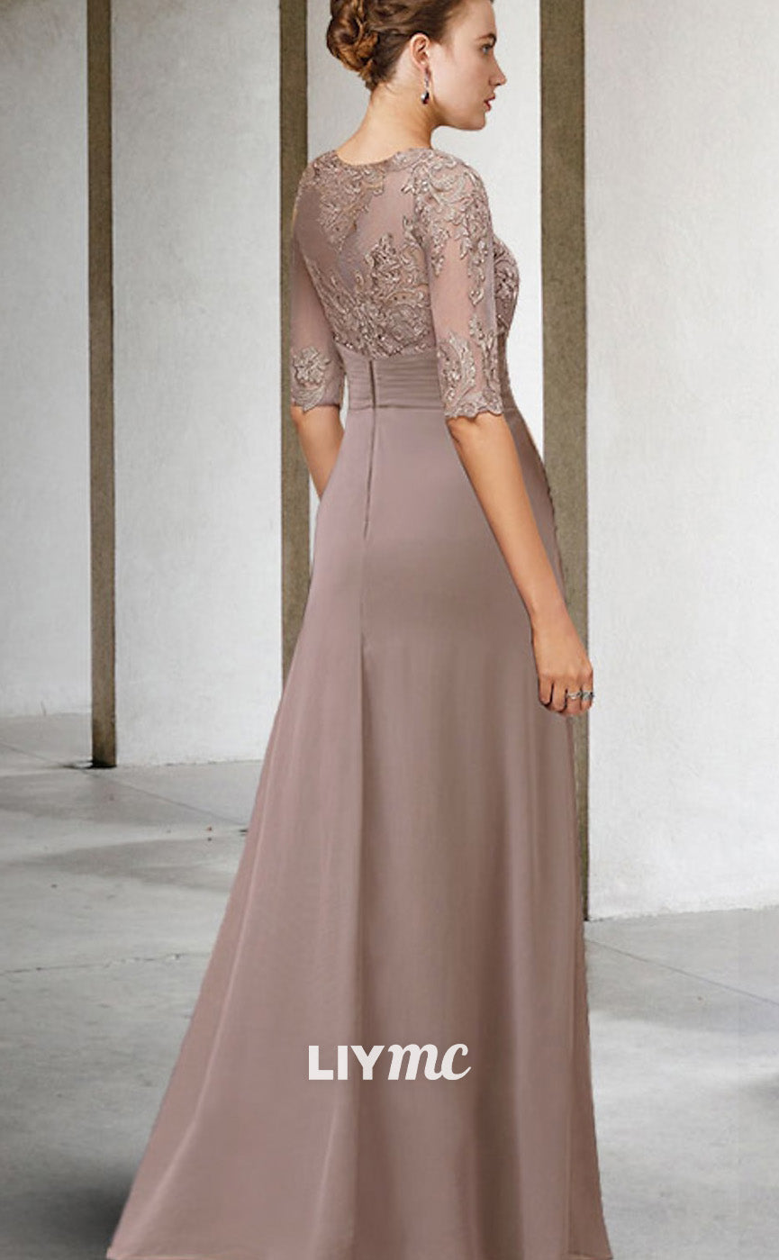 M1015 - Sheath Mother of the Bride Dress Plus Size Drapped Floor Length Chiffon Short Sleeve with Appliques