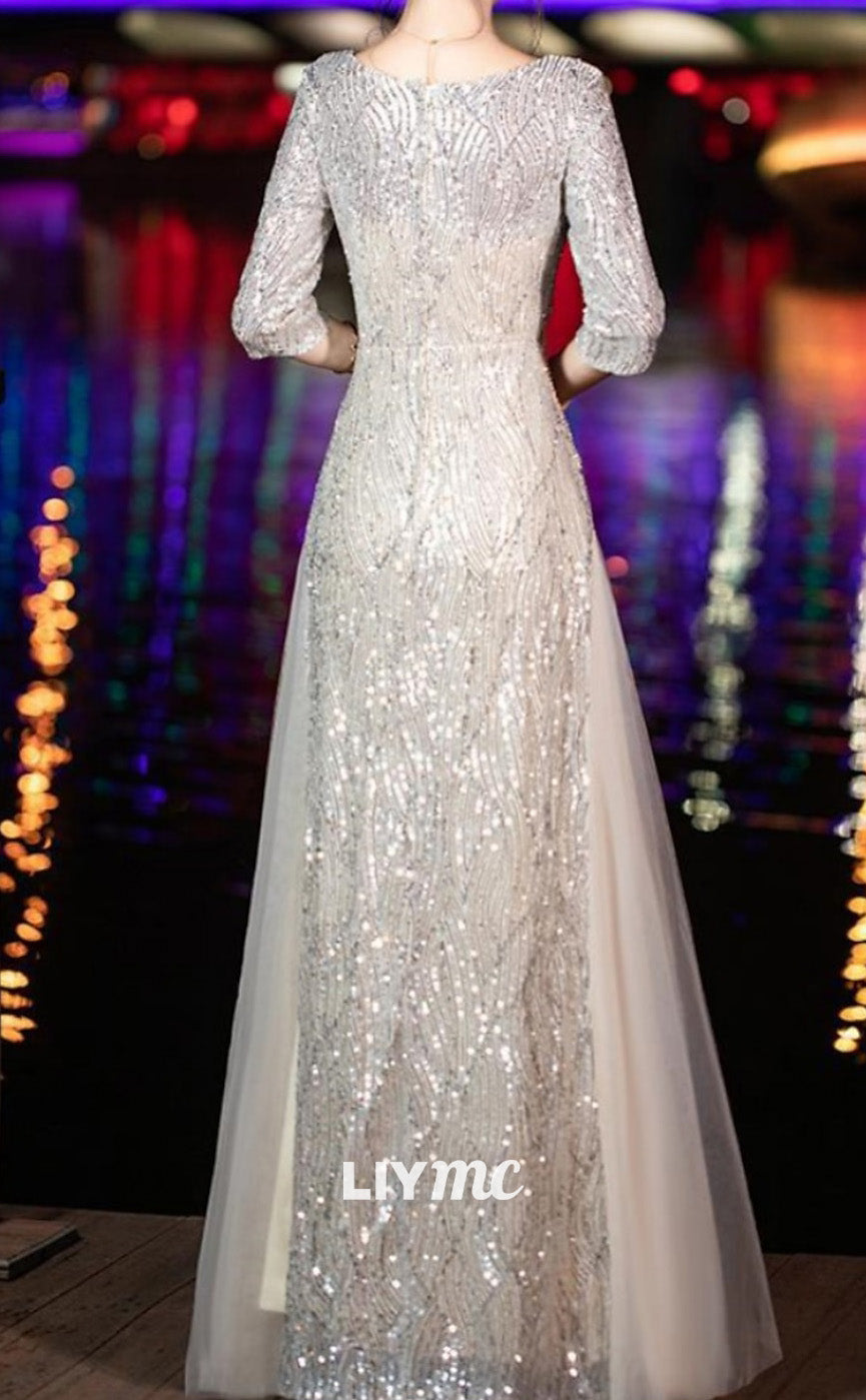 M1012 - Sheath Mother of the Bride Dress Sparkle Scoop Neck Floor Length Tulle Sequined Half Sleeve