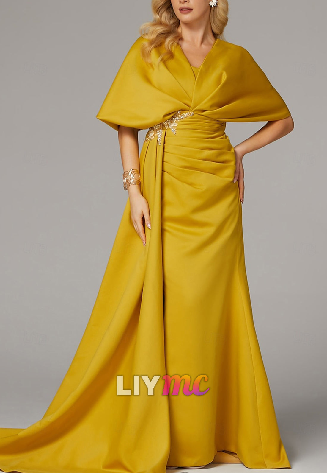 Sheath Evening Gown Elegant Dress Formal Half Sleeve Floor Length V Neck Satin with Pleats Ruche