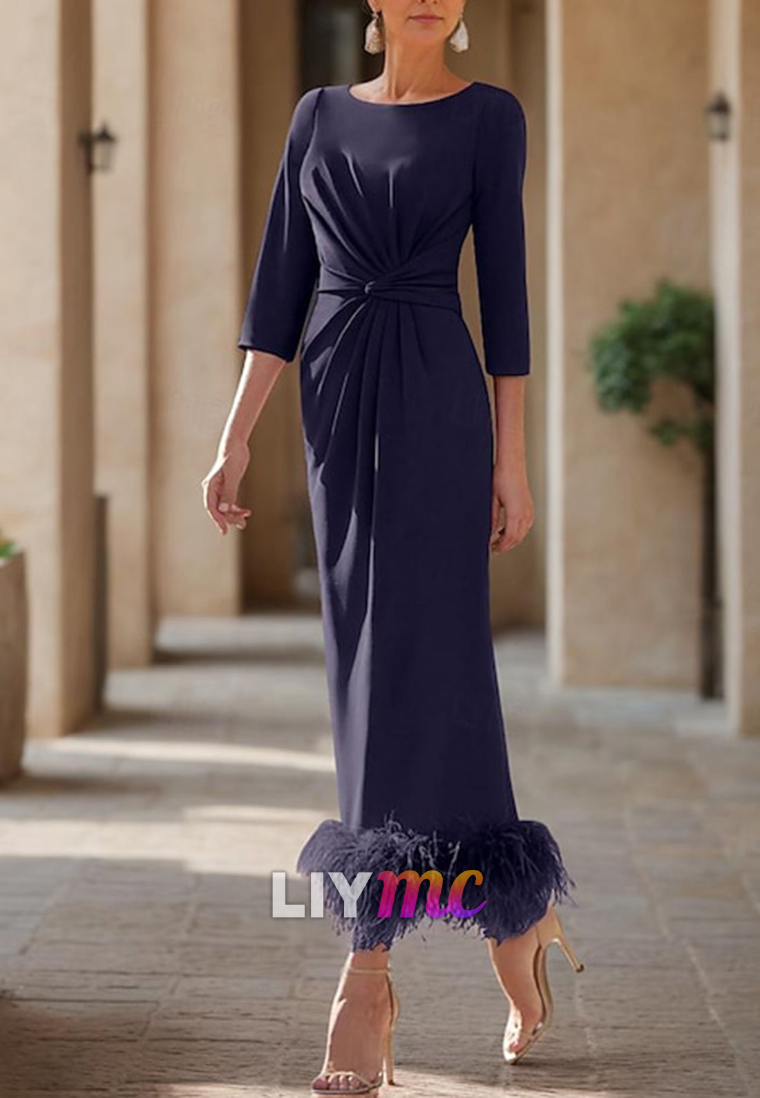 Sheath Mother of the Bride Dress Wedding Guest Elegant Jewel Neck Ankle Length Stretch Fabric