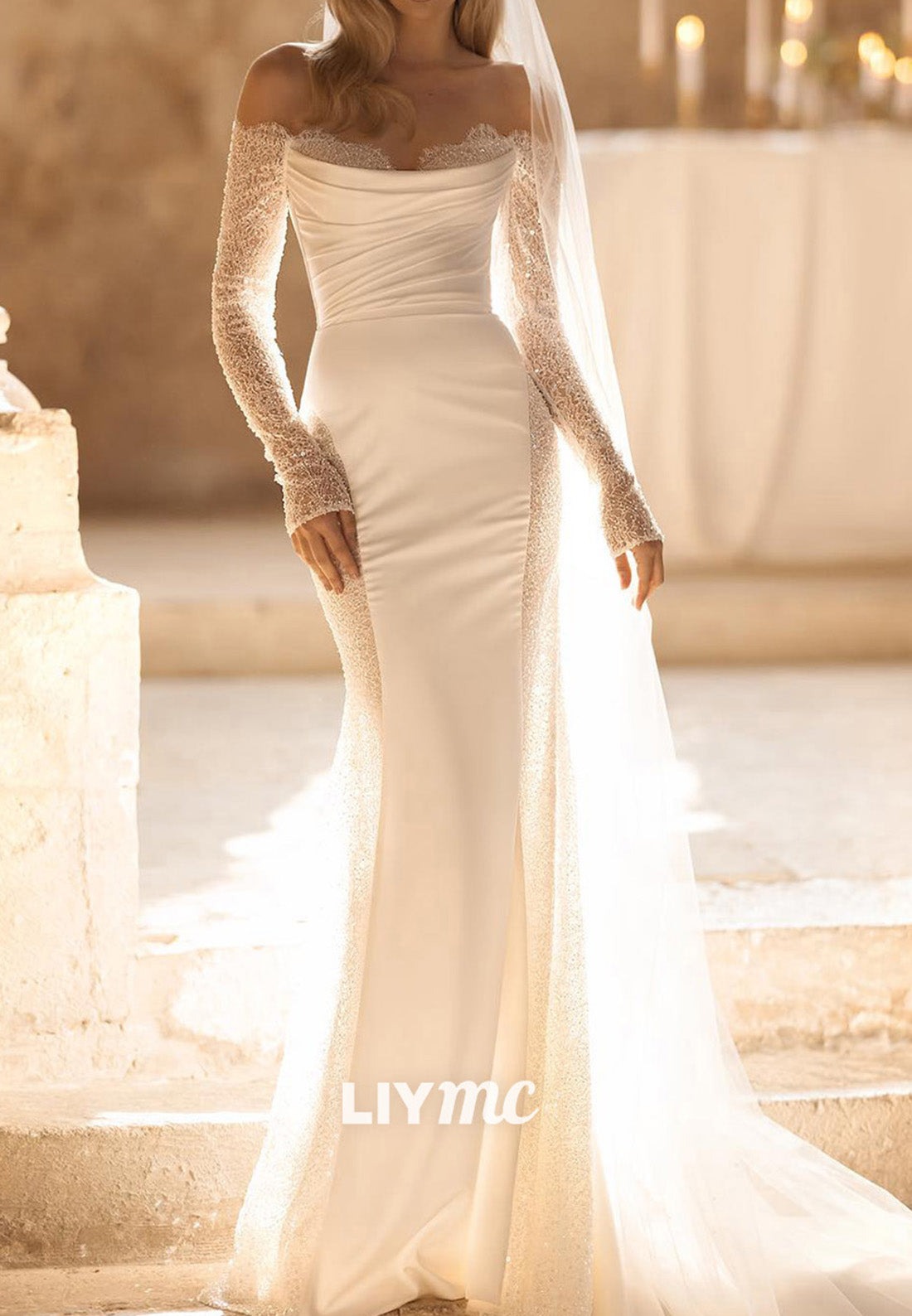 LW503 - Sheath Off Shoulder Lace Long Sleeves Illusion Draped Long Boho Wedding Dress With Sweep Train
