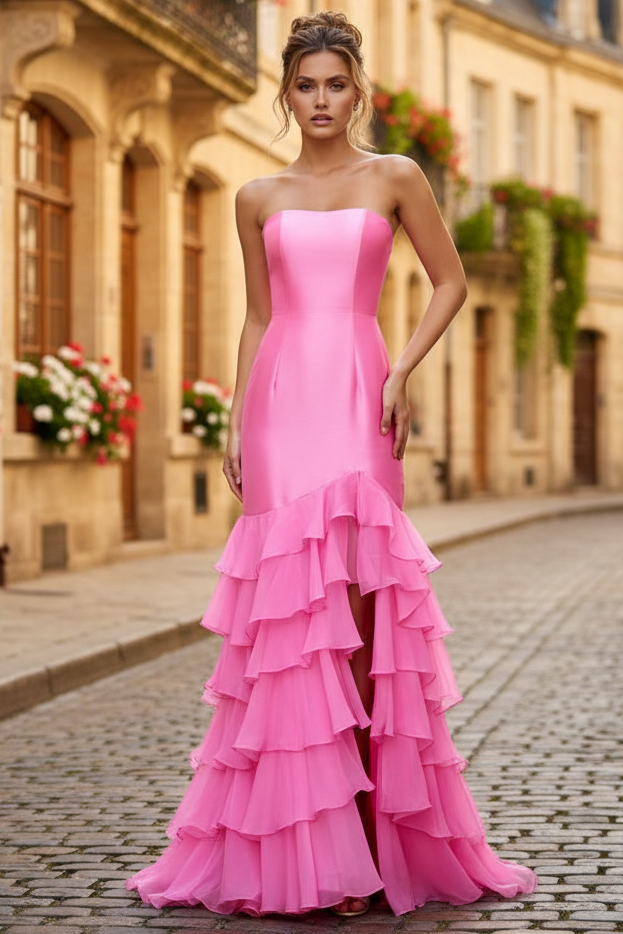 Straight Across Chiffon Tiered Mermaid Prom Dress