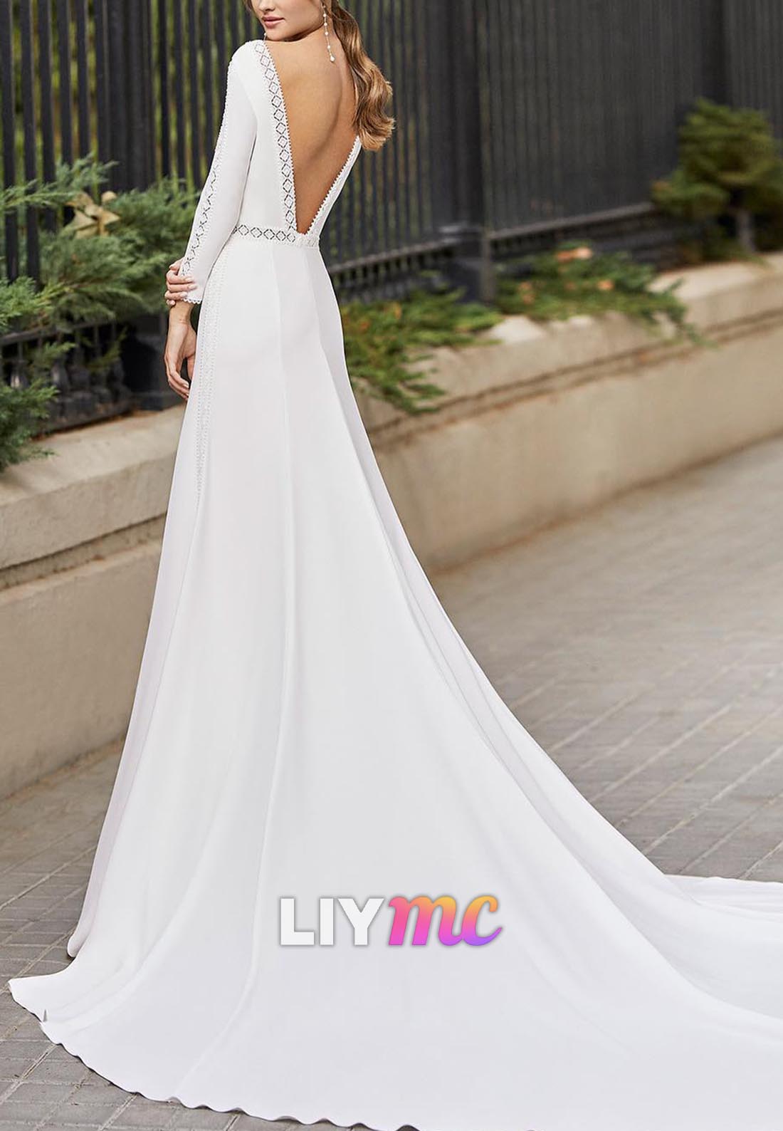 Simple Scoop Long Sleeves Sleek Mermaid Classic Wedding Dress