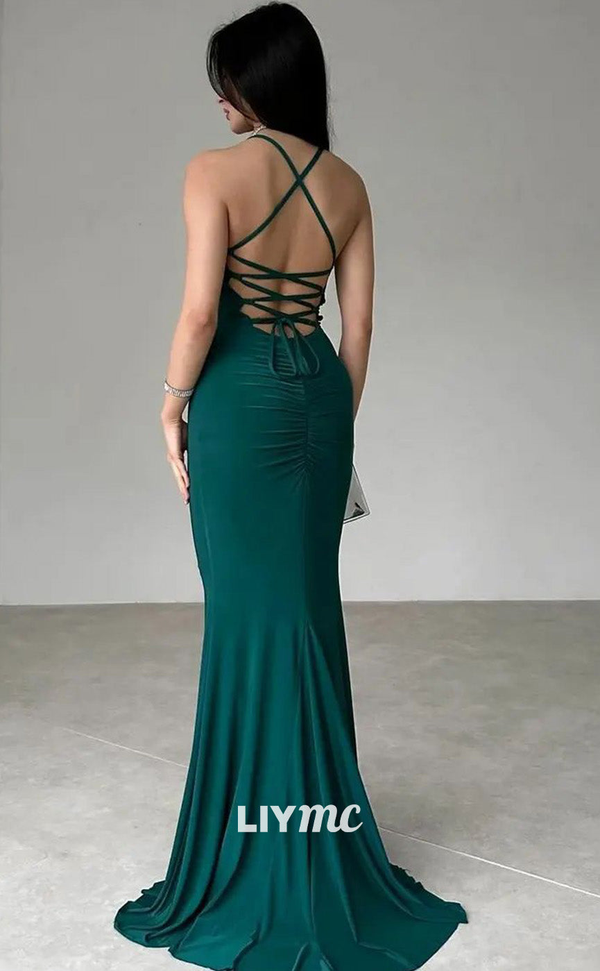 LP1965 - Simple Spaghetti Straps Lace-Up Sleek Satin Mermaid Prom Dress