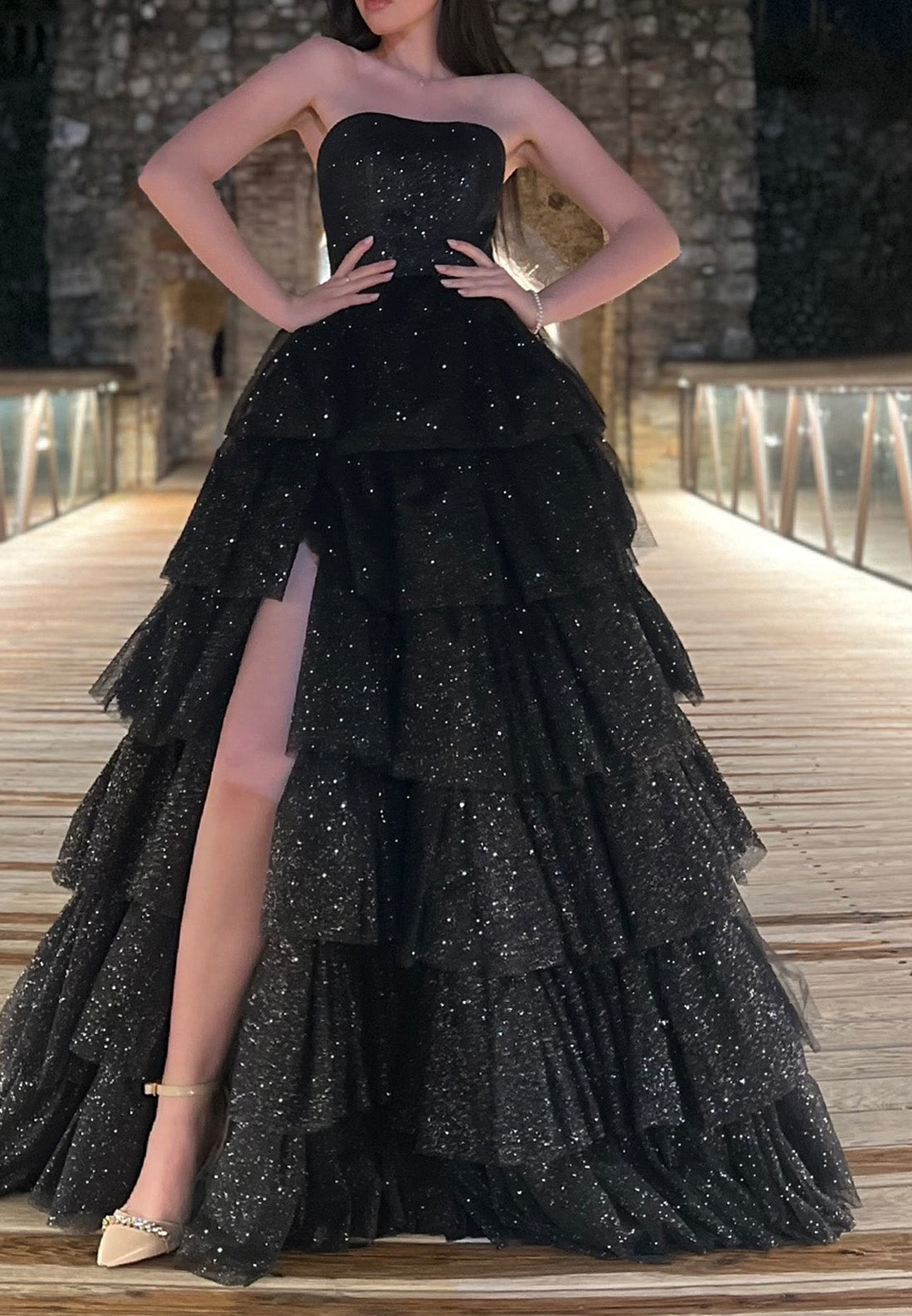 Sparkly Straight Across Sleeveless Tiered Ball Gown Prom Dress