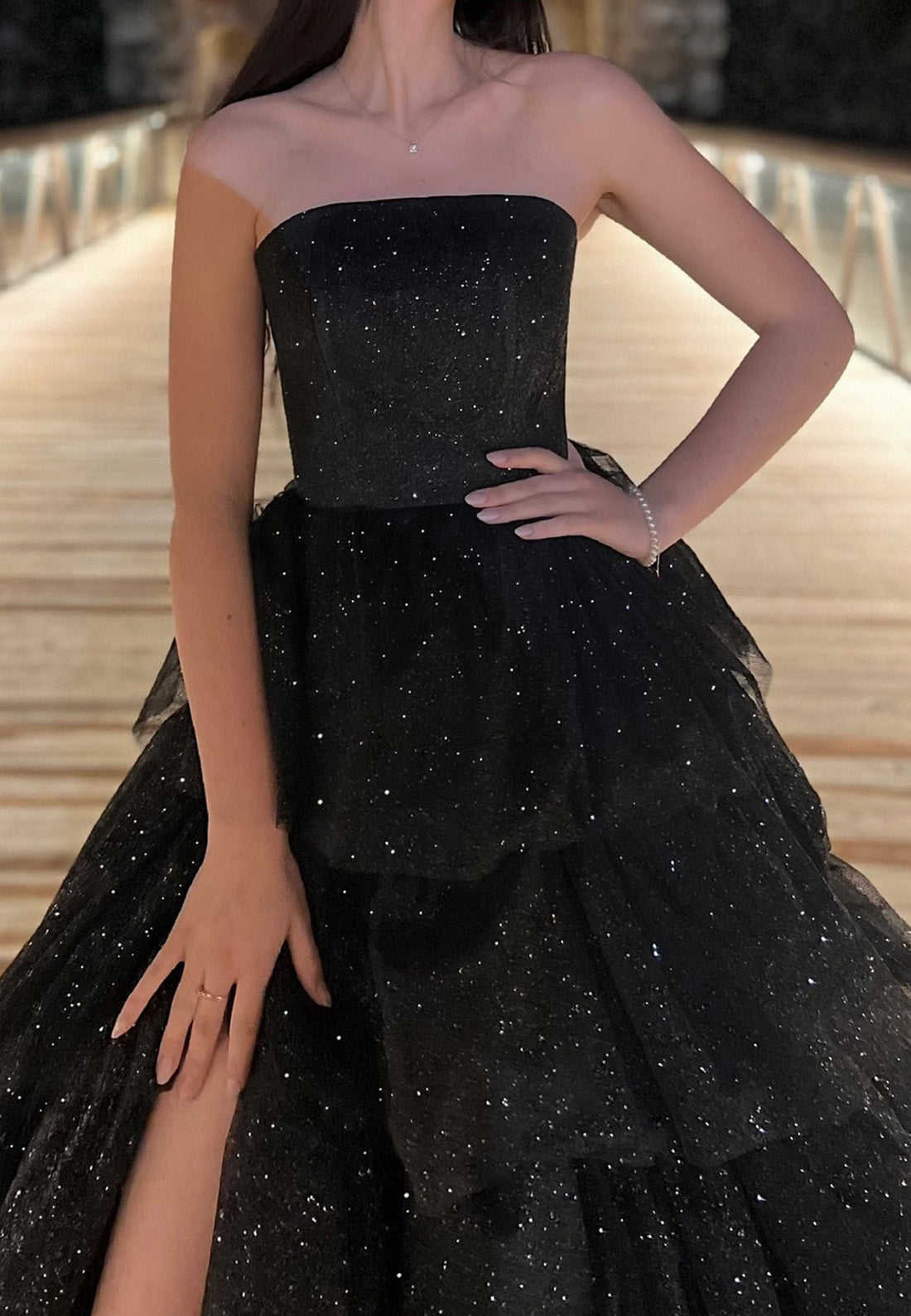 Sparkly Straight Across Sleeveless Tiered Ball Gown Prom Dress