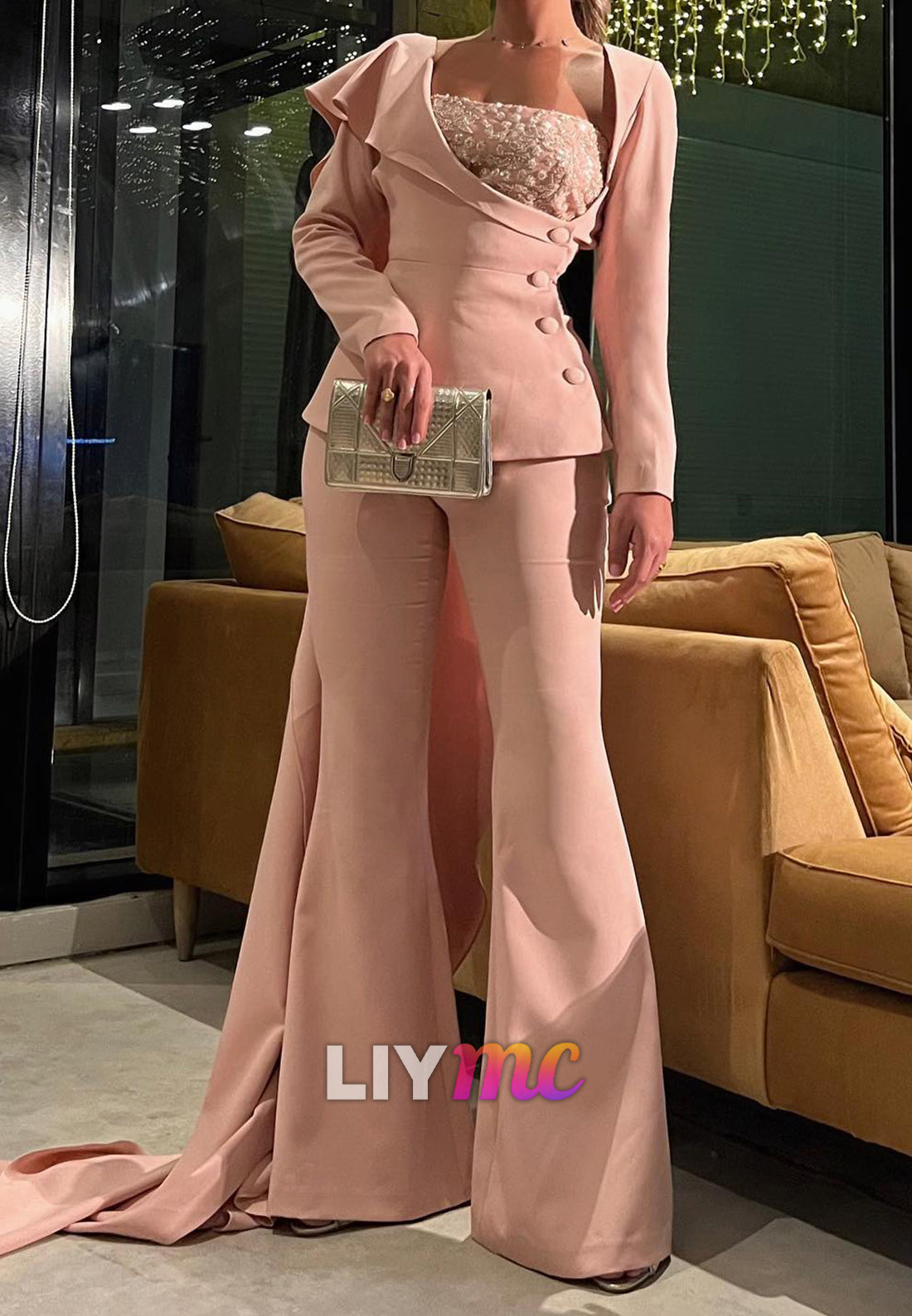 Square Beaded Long Sleeves Jumpsuits