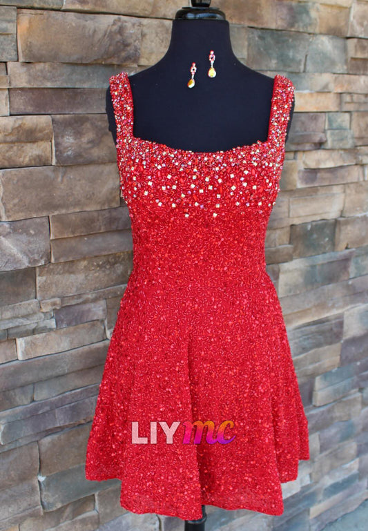 Square Beaded Sequins Straps A-Line Sparkly A-Line Party Homecoming Dress