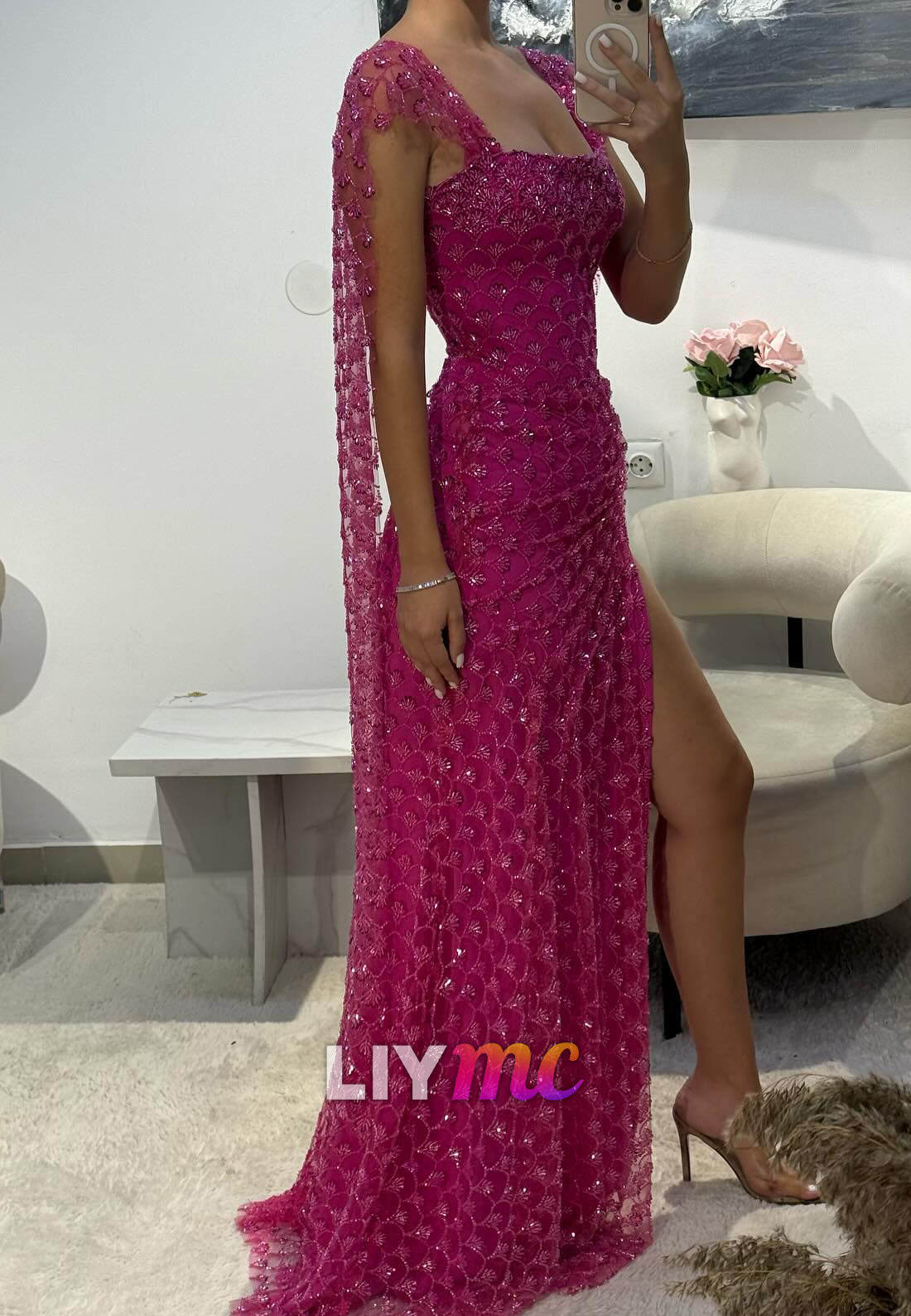 Square Cap Sleeves Beaded Embroider Sparkly Prom Dress