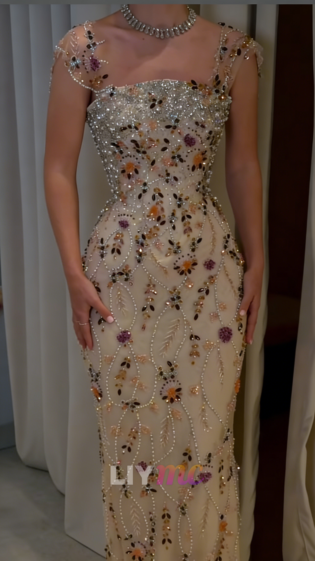 Square Cap Sleeves Beaded Embroidery Mermaid Prom Dress