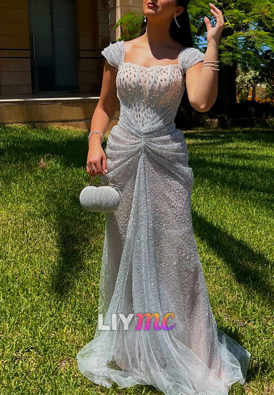 Square Cap Sleeves Sequins Beaded Sheath Prom Dress