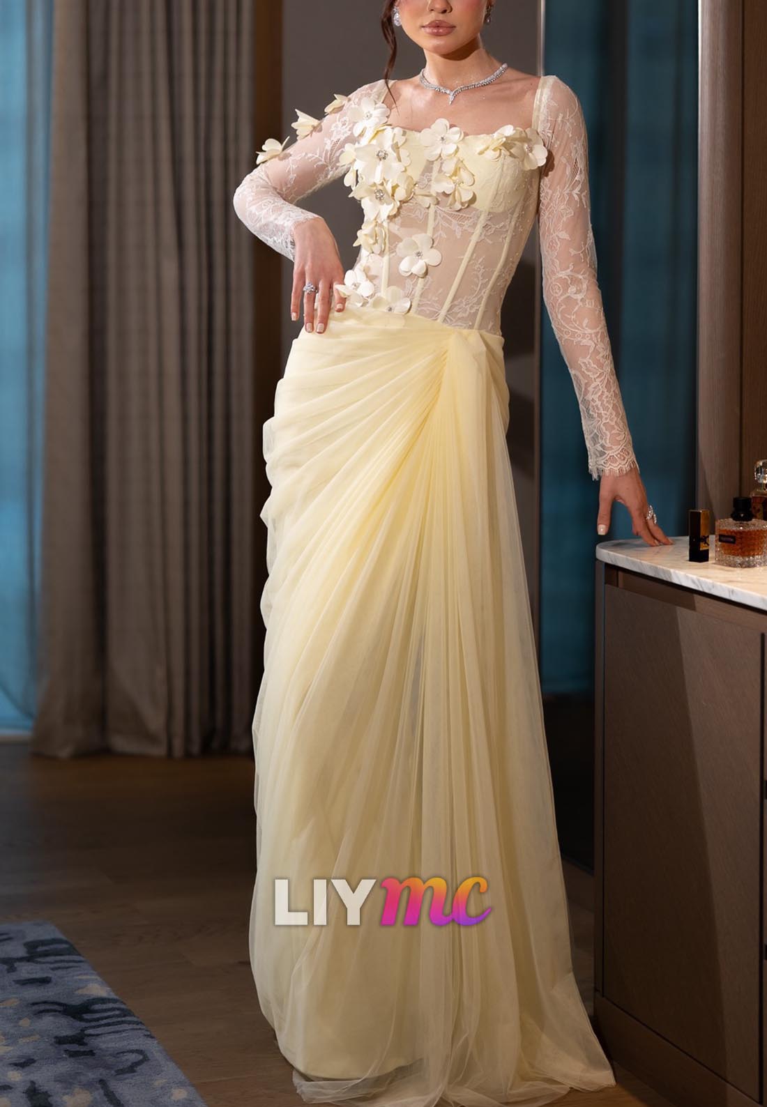 Square Long Sleeves 3D Floral Pleated Sheath Prom Dress