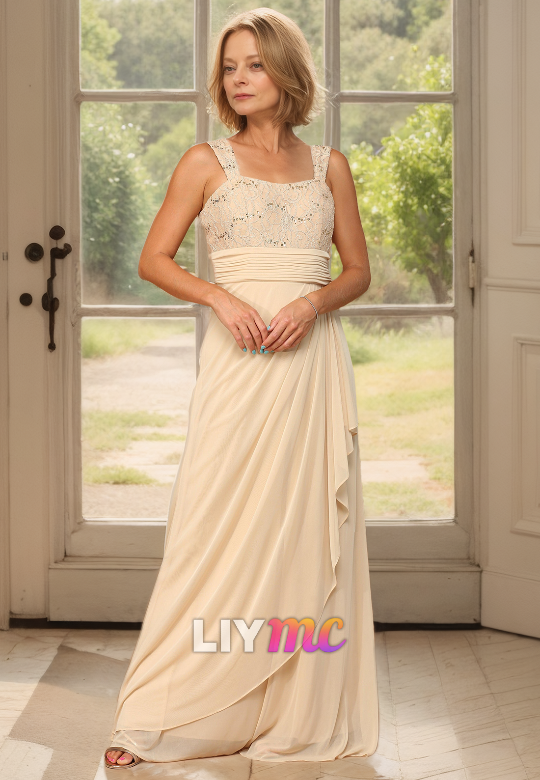 Square Long Sleeves Appliques Chiffon Pleated Ruched A-Line Mother of Bride Dress