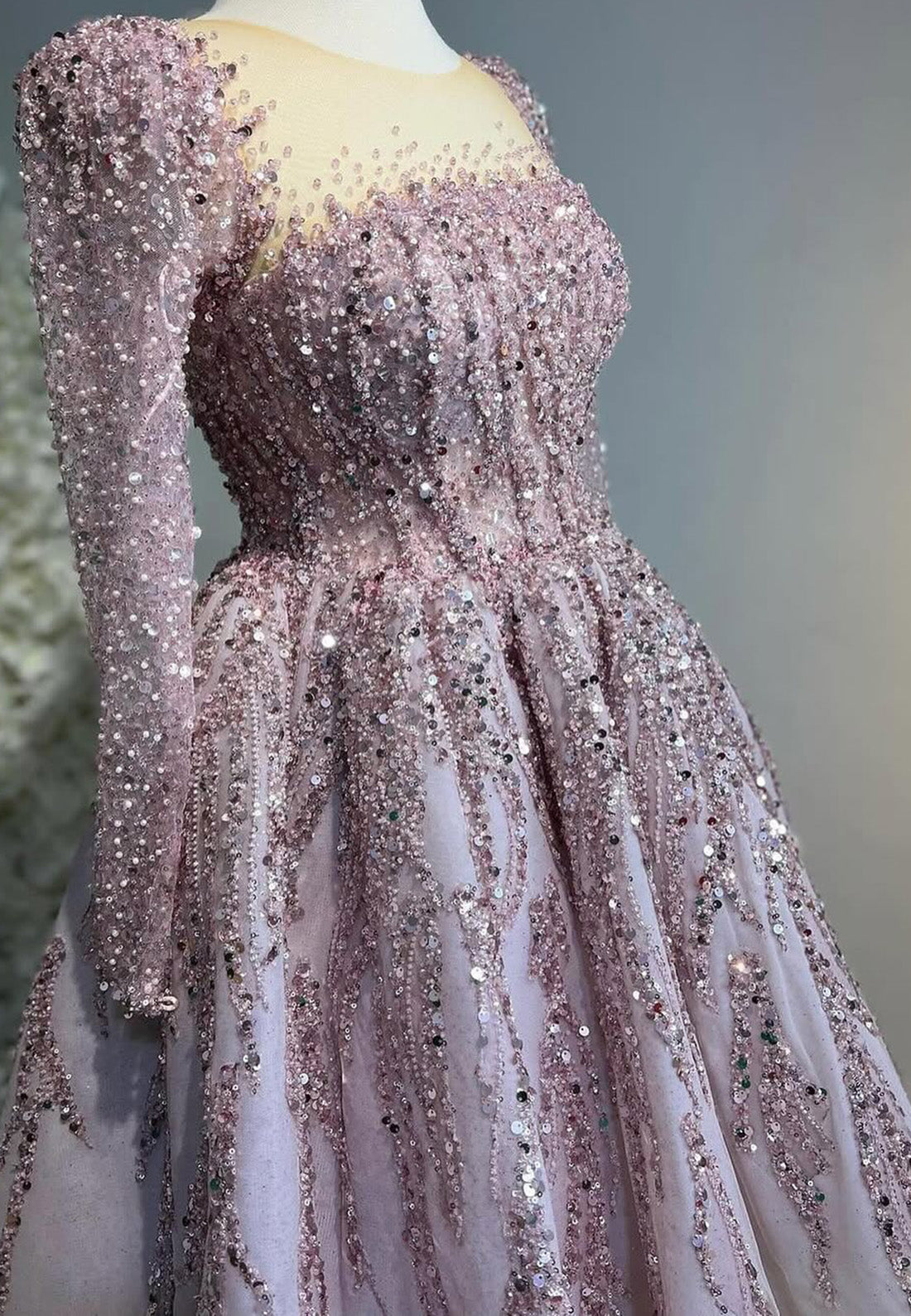 Square Long Sleeves Appliques Sequins A-Line Prom Dress
