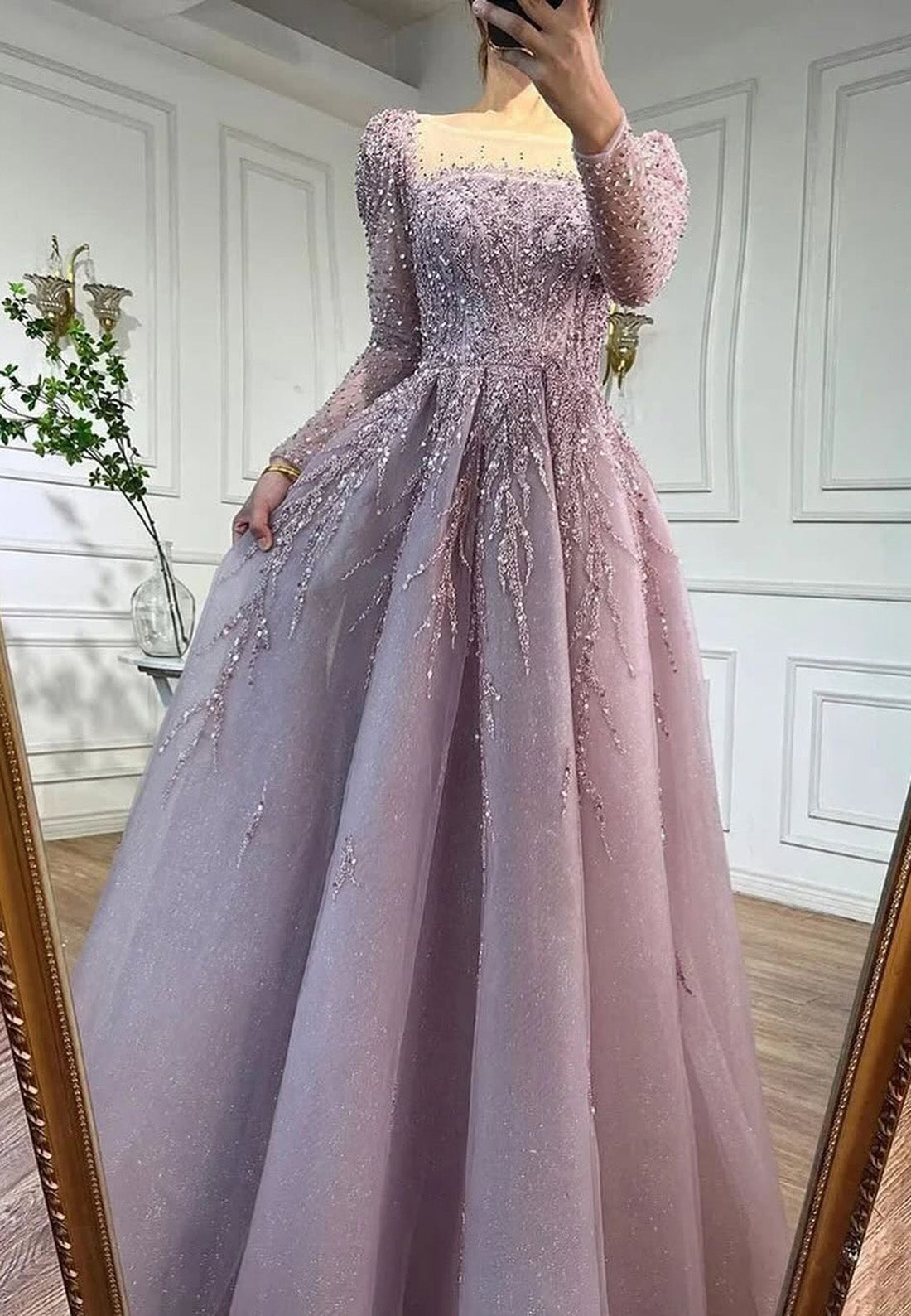 Square Long Sleeves Appliques Sequins A-Line Prom Dress