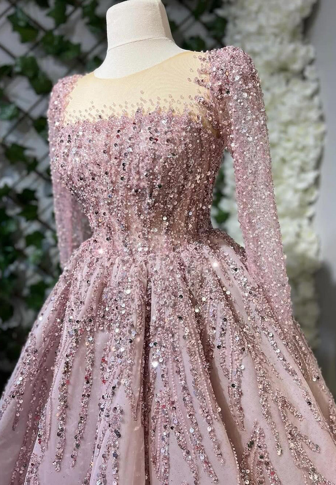 Square Long Sleeves Appliques Sequins A-Line Prom Dress