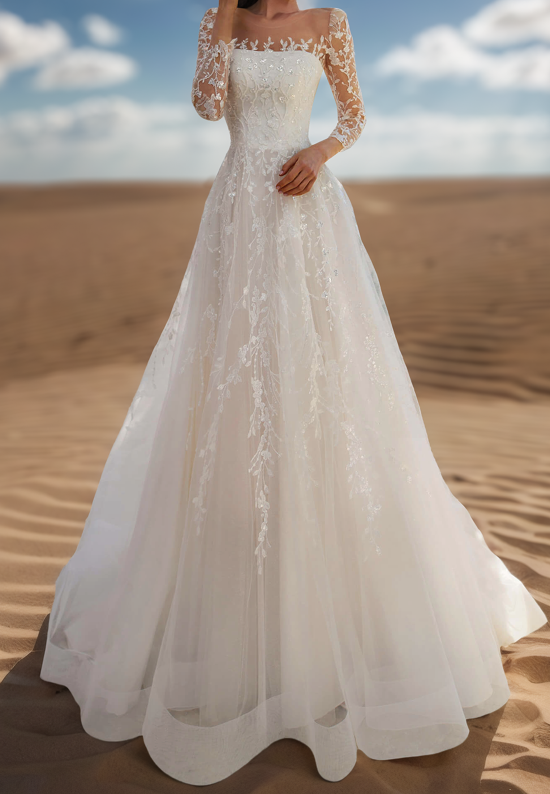 Square Long Sleeves Ball Gown Appliques A-Line Wedding Dress