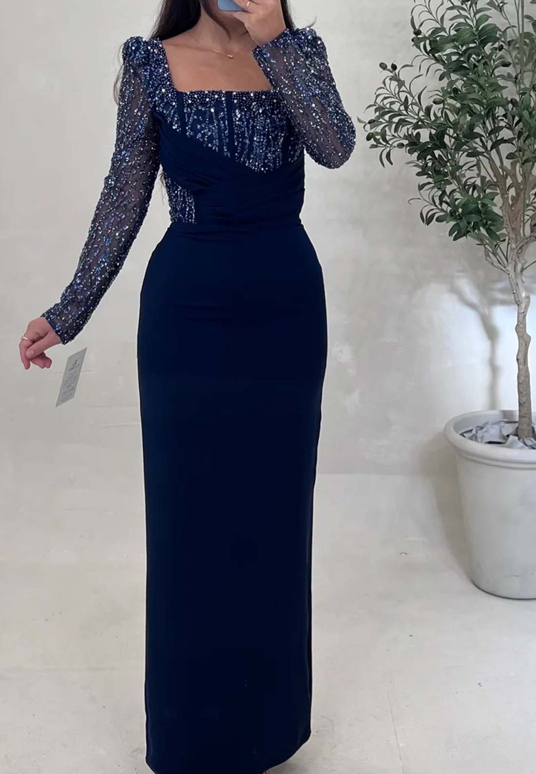 Square Long Sleeves Beaded Emboridery Pleated Sheath Formal Dress