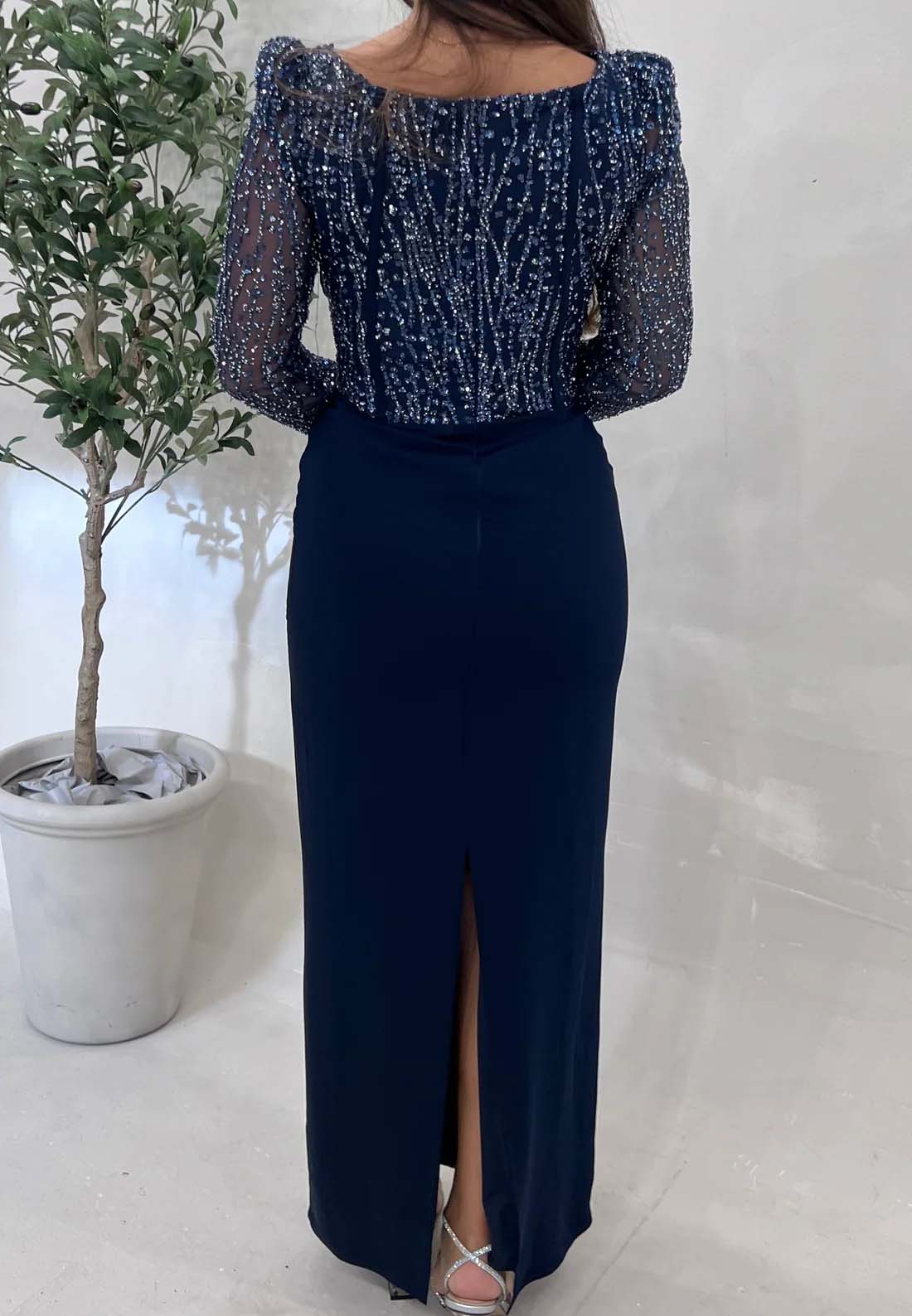 Square Long Sleeves Beaded Emboridery Pleated Sheath Formal Dress