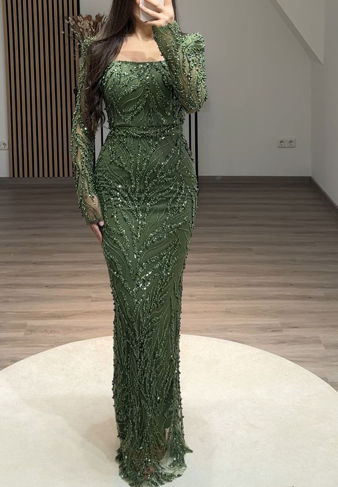 Square Long Sleeves Beaded Emboridery Sheath Evening Dress