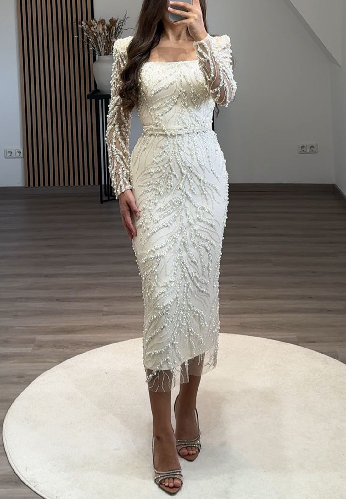 Square Long Sleeves Beaded Emboridery Sheath Formal Dress