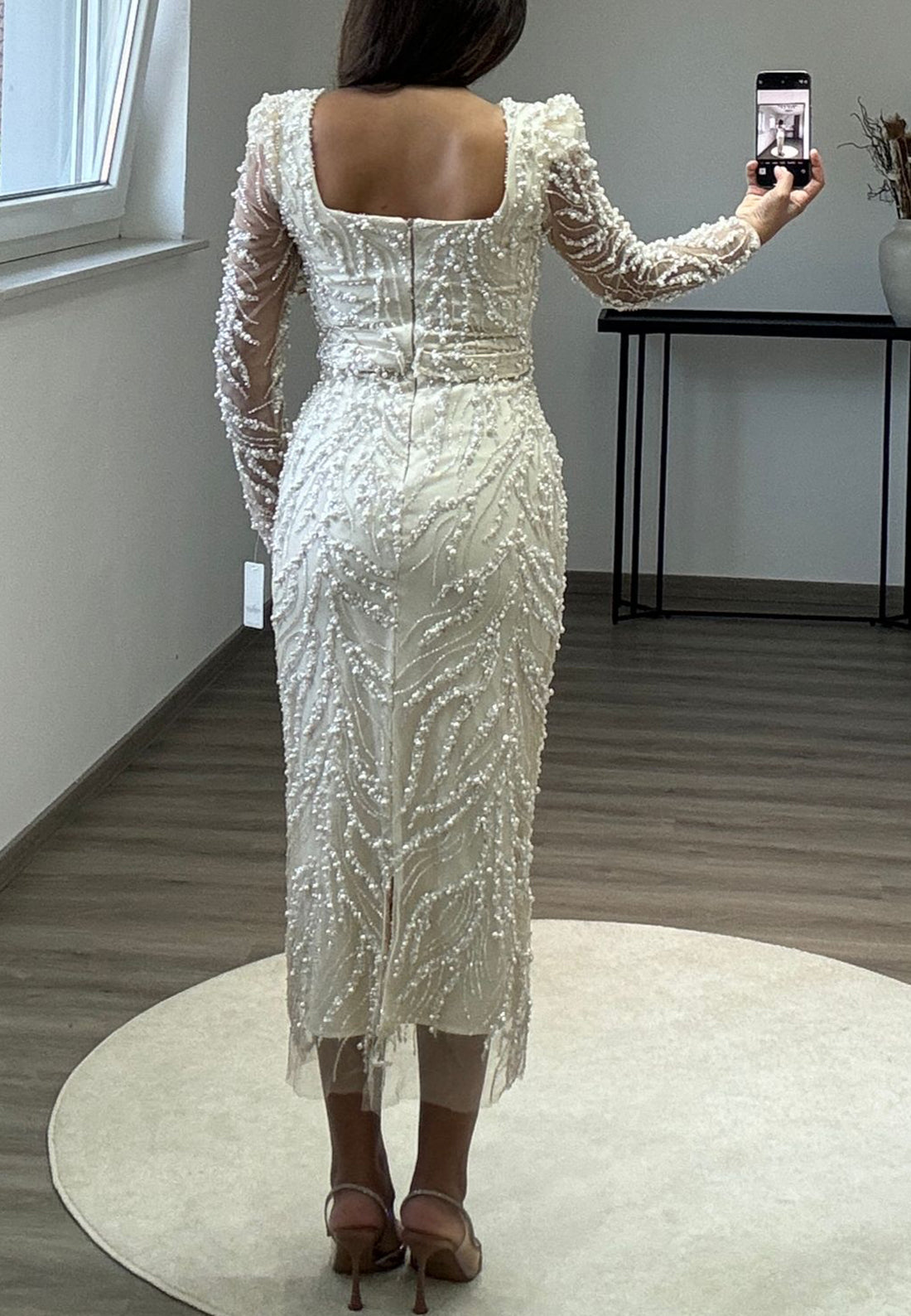 Square Long Sleeves Beaded Emboridery Sheath Formal Dress