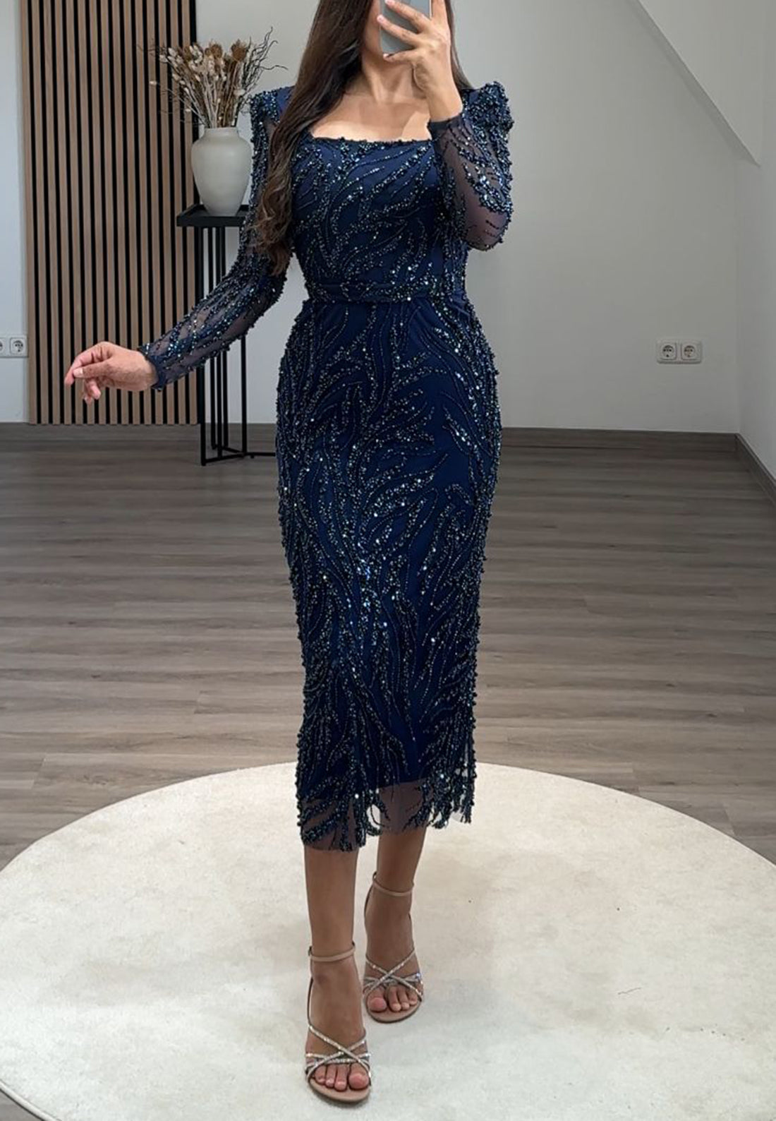 Square Long Sleeves Beaded Emboridery Sheath Formal Dress