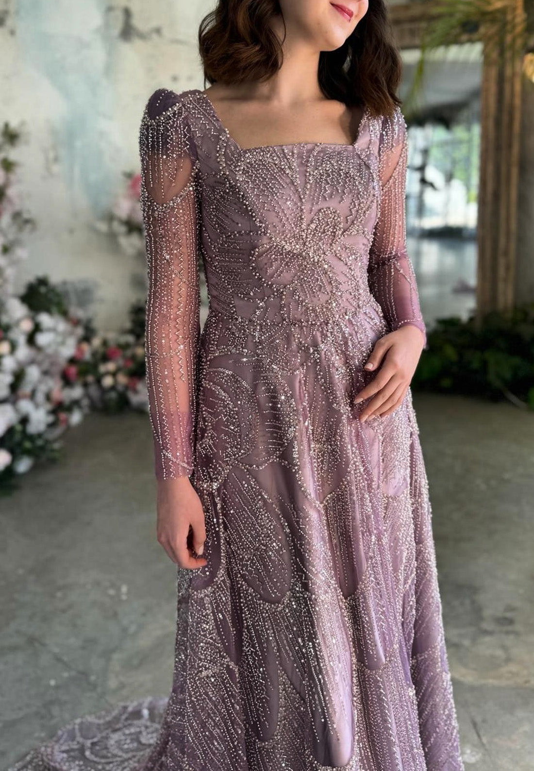 Square Long Sleeves  Beaded Embroidery A-Line Sparkly Evening Dress