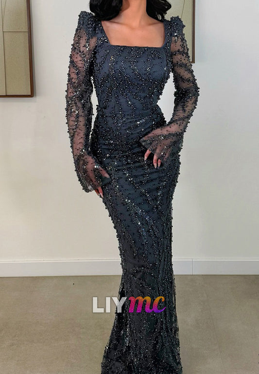 Square Long Sleeves Beaded Embroidery Mermaid Evening Dress