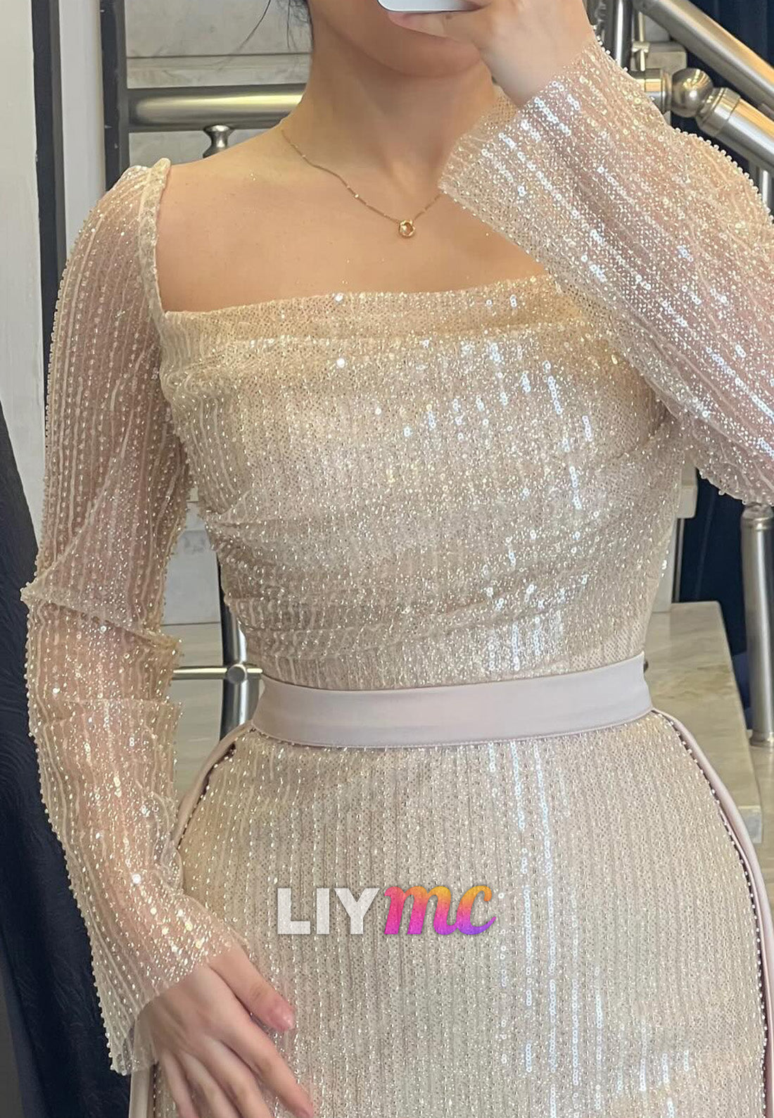 Square Long Sleeves Beaded Embroidery Sheath Evening Dress