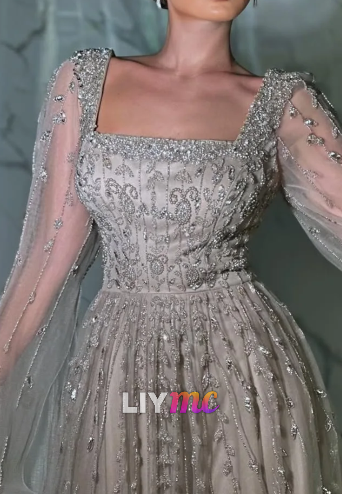 Square Long Sleeves Beaded Embroidery Sparkly A-Line Prom Dress