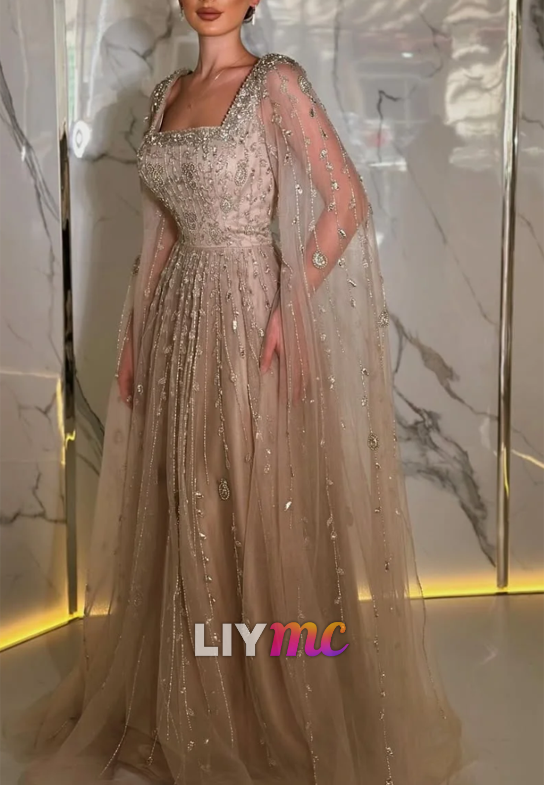 Square Long Sleeves Beaded Embroidery Sparkly A-Line Prom Dress