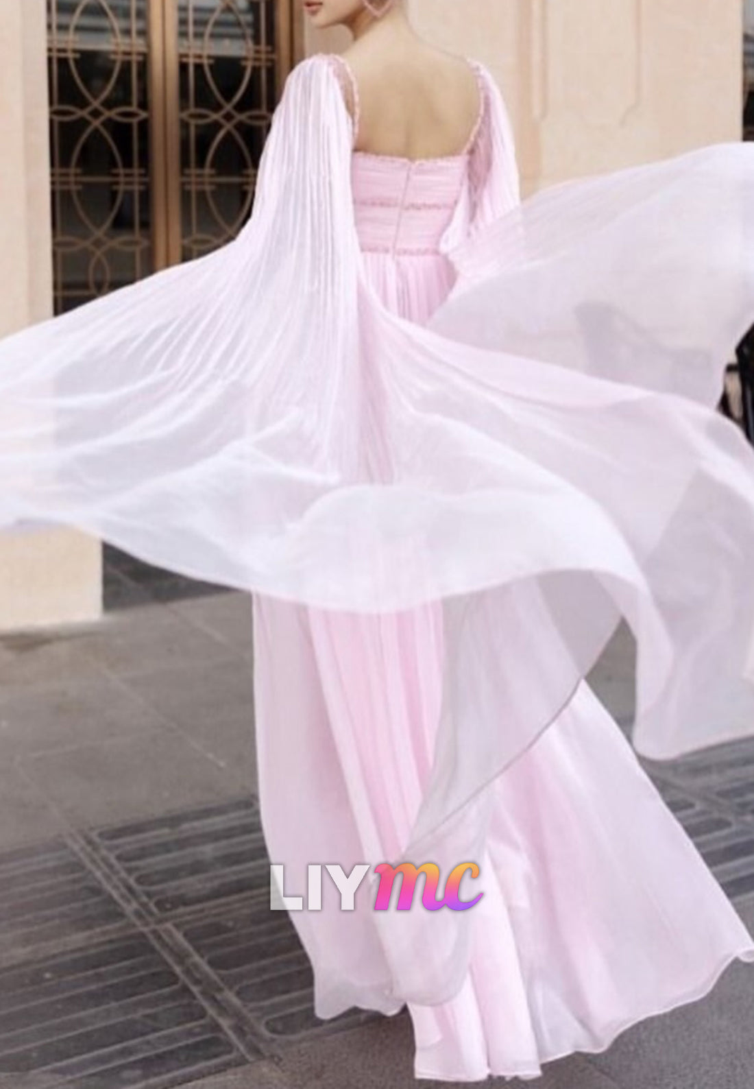 Square Long Sleeves Chiffon A-Line Pink Formal Dress