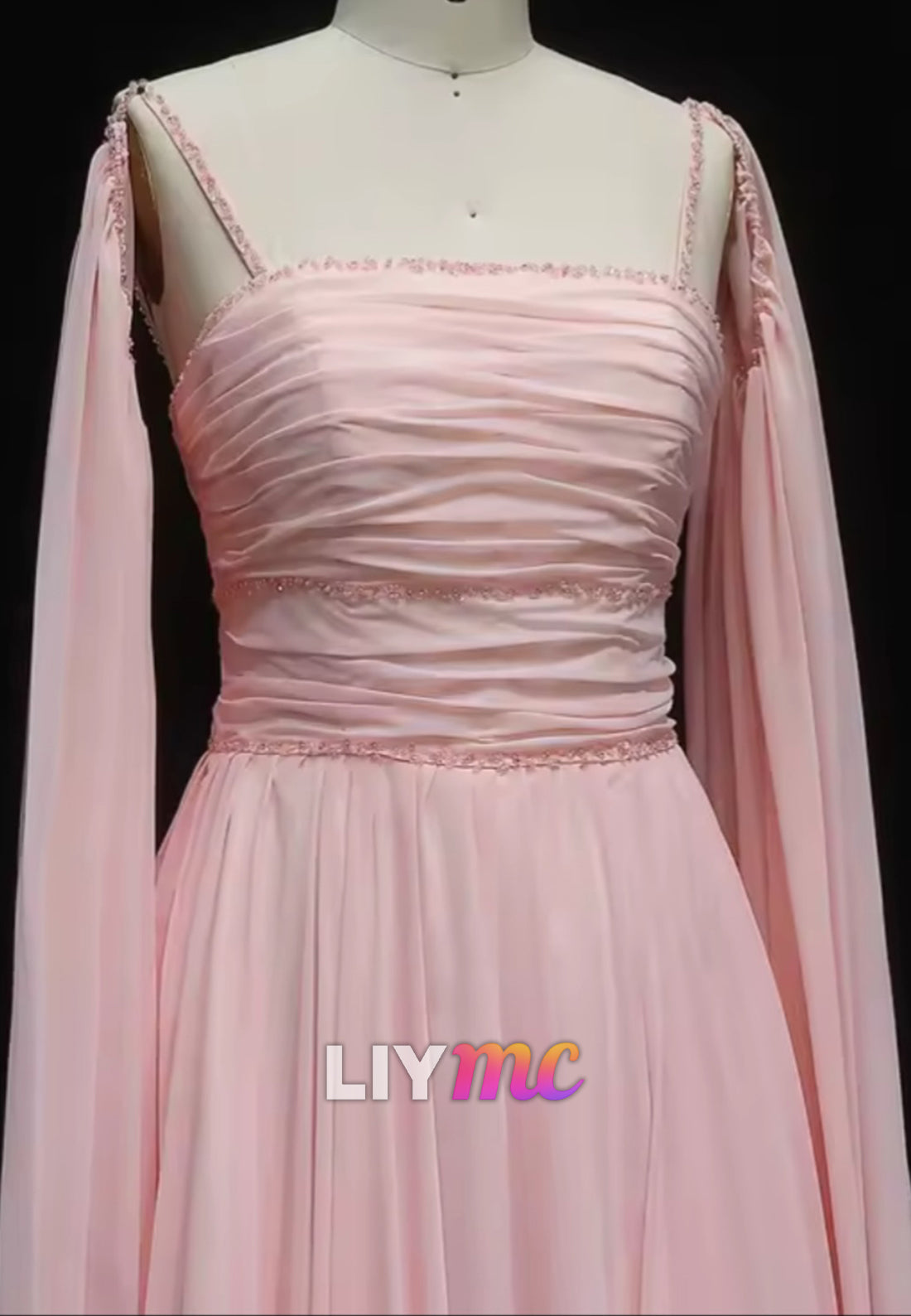Square Long Sleeves Chiffon A-Line Pink Formal Dress